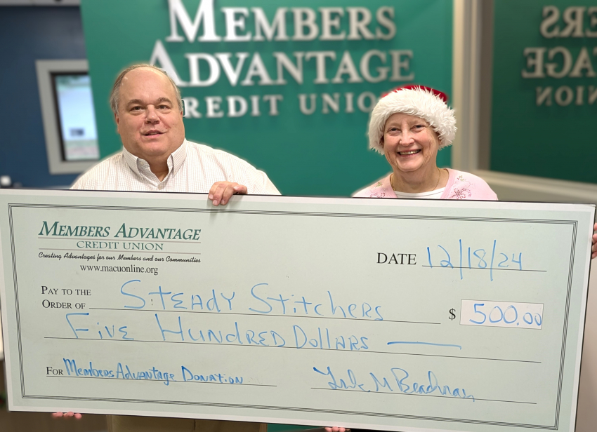 MACU President Frank Beachnau Presents a Check to Janet Gourley of Steady Stitchers